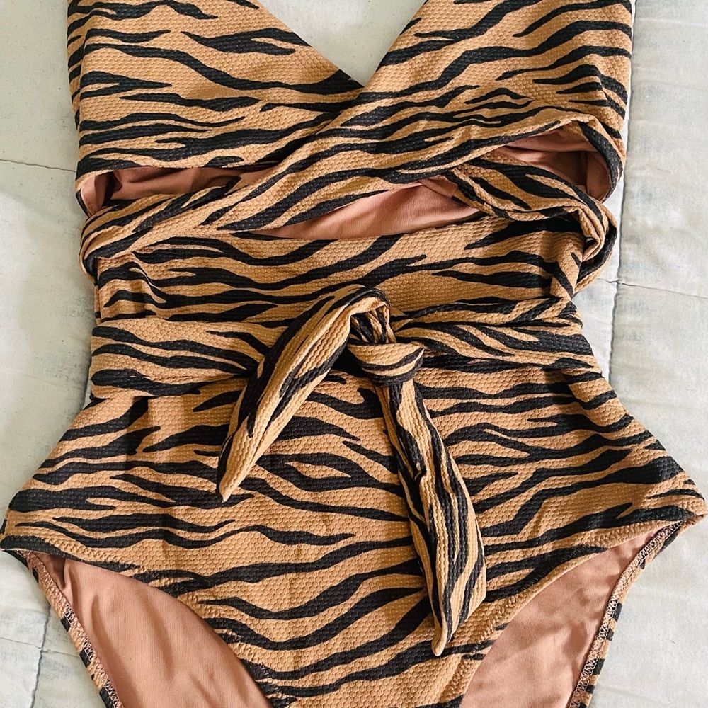 Aerie Tan and Black Tiger Stripe One Piece Swimsuit